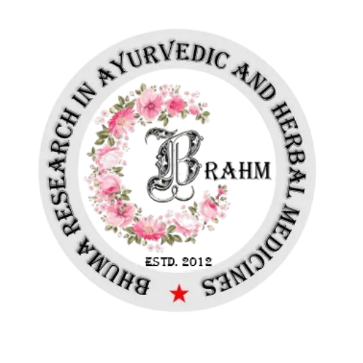 A white circle with pink flowers and a letter B with circled text Bhuma Research in Ayurvedic and Herbal Medicine.